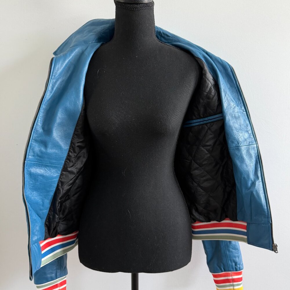 Evil Kristen Bouchard Blue Leather Retro Rainbow Aviator Jacket L/XL - Picture 7 of 16